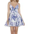 Alyce Paris Short Floral Satin Party Dress In White/royal In Multi