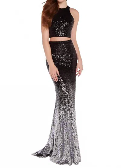 Alyce Paris Sleeveless Embellished Ombre Evening Dress In Black Silver