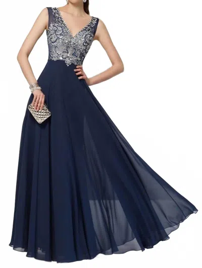 Alyce Paris Sleeveless Embellished V Neck Chiffon Gown In Navy In Blue