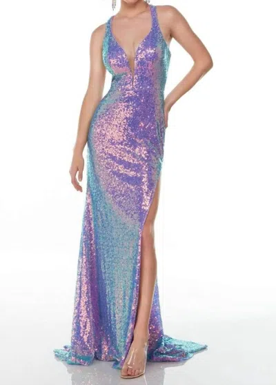 Alyce Paris Sleeveless Sequined High Slit Gown In Unicorn In Multi