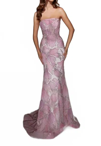 Alyce Paris Strapless Beaded Evening Gown In Pink/white In Purple