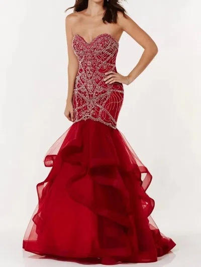 Alyce Paris Strapless Tulle Ruffled Mermaid Gown In Claret In Red