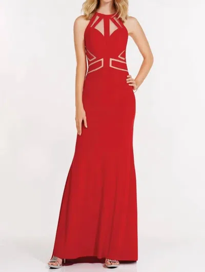 Alyce Paris Strappy Halter Neck Long Jersey Gown In Red In Multi