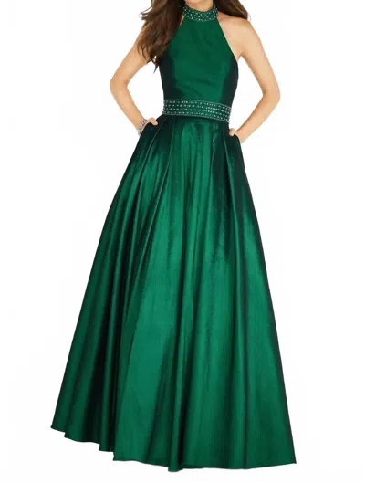 Alyce Paris Stretch Taffeta Embellished Collared Halter Gown In Emerald In Green