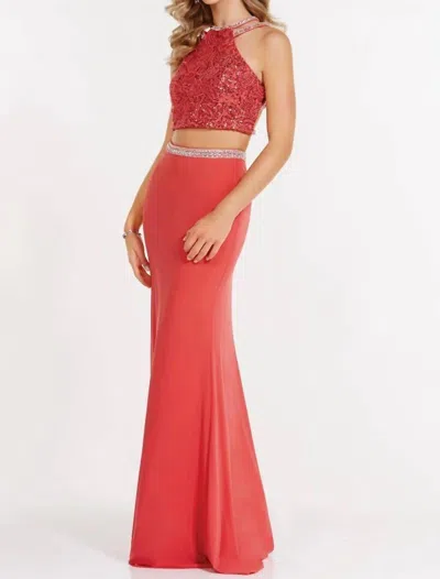 Alyce Paris Two Piece Halter Sequin Prom Dress In Watermelon In Red