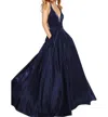 Alyce Paris V-neck Satin Long Dress In Navy In Multi
