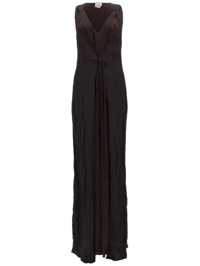 Alysi Layered Combined Deep V-neck Maxi Dress In Brown