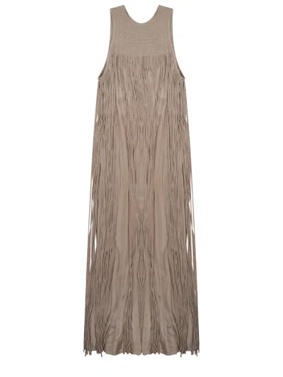 Alysi Neutrals Knitted Fringed Viscose Maxi Dress In Brown