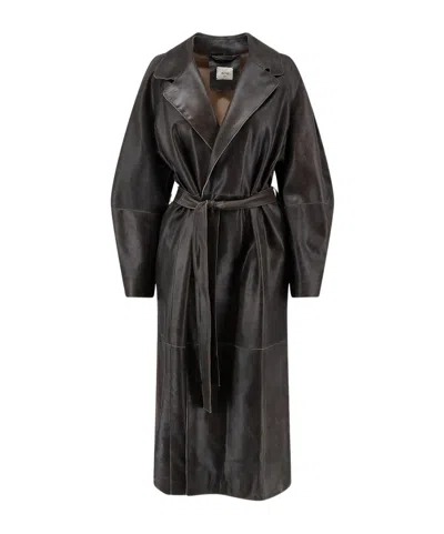 Alysi Belted Long Leather Trench Coat In Black