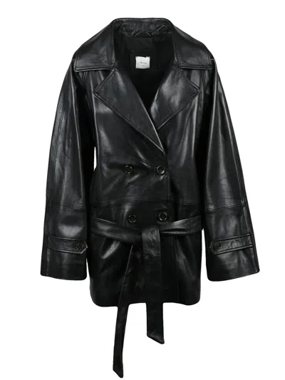Alysi Black Leather Trench Coat
