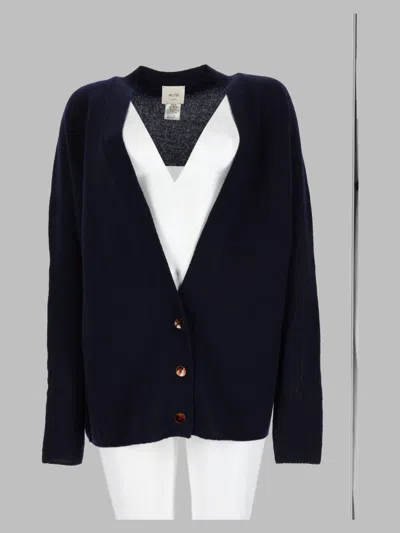 Alysi Navy V-neck Cardigan Sweater With Ribbed Detailing In Blue