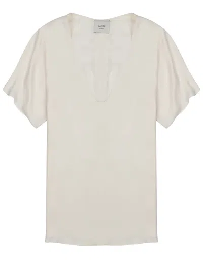 Alysi Neutrals Deep V-neck Short Sleeves Silk Blouse In White