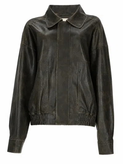 Alysi Brown Vintage Leather Bomber Jacket With Classic Collar In Black