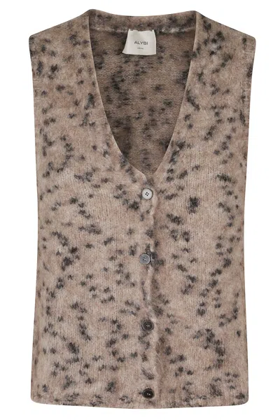 Alysi Brown Sprinkle Knit V-neck Virgin Wool-blend Vest In Animal Print