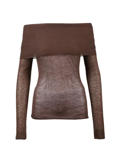 Alysi Brushed Knit Sweater With Off-the-shoulder Neckline In Brown