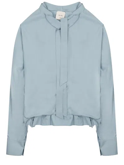 Alysi High Neck Bow Tie Cotton Blouse In Blue