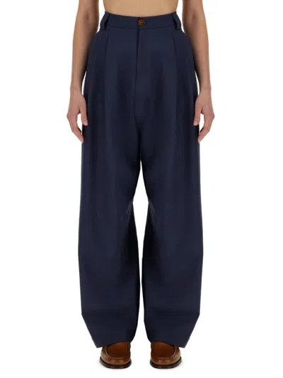 Alysi Canvas Pants Belt Loops Pleated Front In Blue