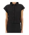 Alysi Cropped Linen Shirt With Classic Collar In Black