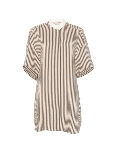Alysi Cotton Blend Dress Short Sleeves Stripes In Neutral