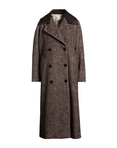 Alysi Crème Woman Coat Dark Brown Size 6 Virgin Wool, Alpaca Wool, Polyamide, Leather