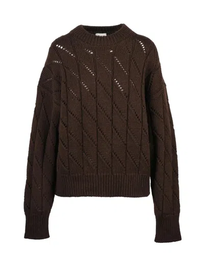 Alysi Crew Neck Knit Sweater With Textured Pattern And Ribbed Details In Brown