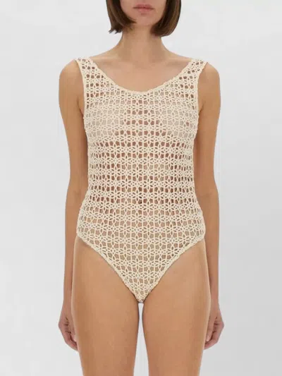 Alysi Crochet Knit Sleeveless Scoop Neck Bodysuit In Brown