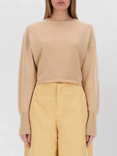Alysi Cropped Knit Crew Neck Long Sleeve Shirt In Brown