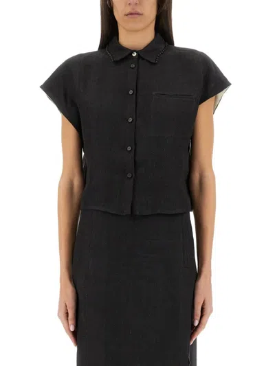 Alysi Cropped Linen Shirt With Classic Collar In Black
