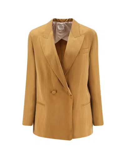 Alysi Double-breasted Lyocell And Linen Blazer In Gold
