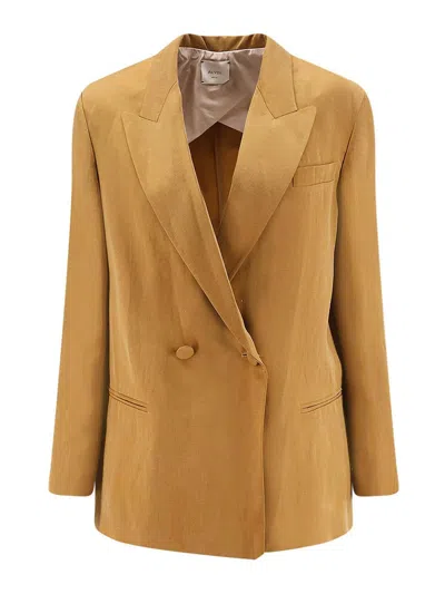 Alysi Double-breasted Blazer In Lyocell And Linen In Brown