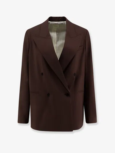 Alysi Double-breasted Stretch Virgin Wool Blazer In Brown