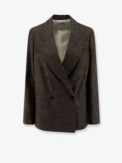 Alysi Double-breasted Wool And Linen Blend Blazer In Brown