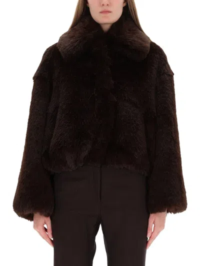 Alysi Eco Fur Bomber Jacket In Brown