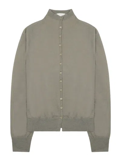 Alysi Fine-knit Grey Button-down Merino Wool-blend Sweater In Green