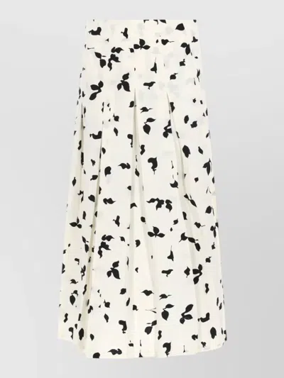 Alysi Floral High Waist Mid Length Pleated Skirt In White