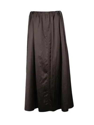 Alysi Fluid Satin Maxi Skirt With Elastic Waistband And Side Pockets In Brown