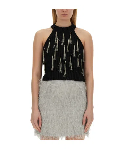 ALYSI ALYSI FRINGE EMBROIDERED SLEEVELESS KNITTED TOP