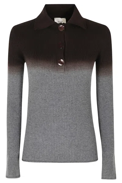 Alysi Gray Brown Fancy Knit Gradient Wool-blend Polo Shirt In Grey
