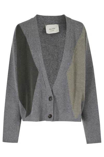 Alysi Gray Fancy Knit Rombi Diamond-pattern Wool-blend Cardigan