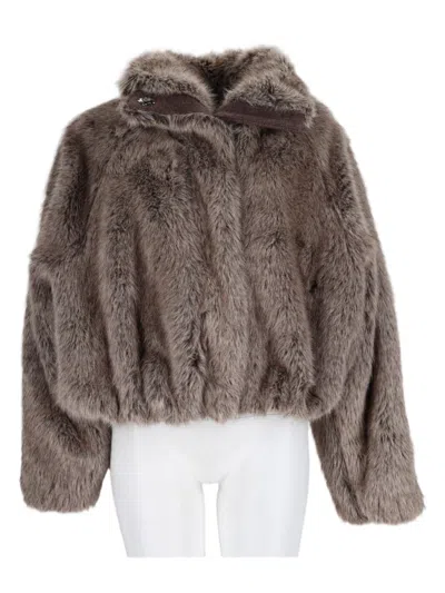 Alysi Grey Cropped Faux Fur Collar Jacket In Brown