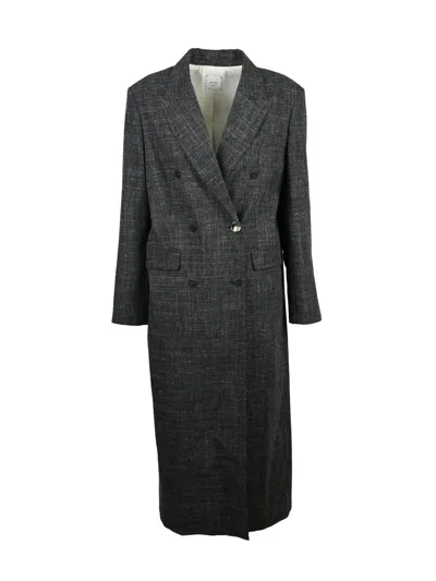 Alysi Grey Wool-linen Blend Double-breasted Long Coat In Blue