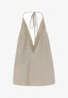 Alysi Viscose Linen Halterneck Top Mesh Detail In Neutral