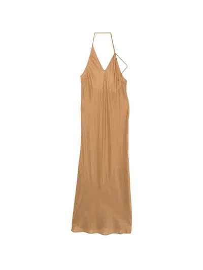 Alysi Halterneck Slip Midi Dress In Brown