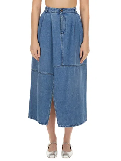 Alysi High-waisted Midi Skirt With Front Slit In Blue