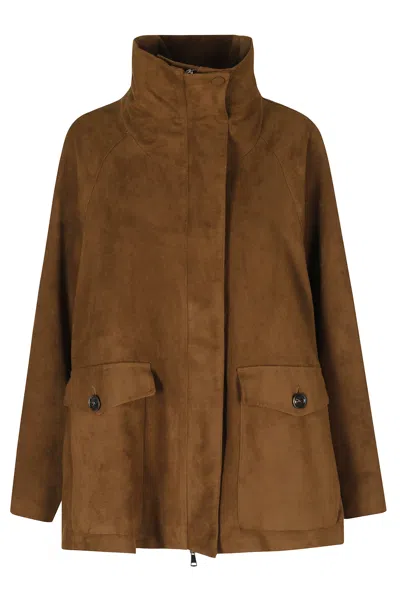 Alysi Khaki Dainetto Suede Trim High-neck Jacket In Brown