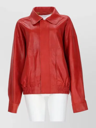 Alysi Leather Bomber Jacket Ribbed Cuffs Cropped Length In Red