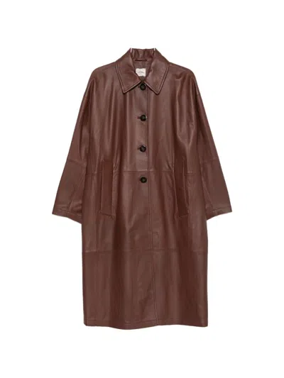 Alysi Leather Caban Coat In Brown
