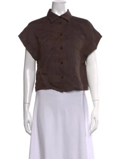 Pre-owned Alysi Linen Short Sleeve Button-up Top In Brown
