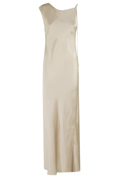 Alysi Liquid Satin Maxi Dress With Asymmetric Straps In Crema
