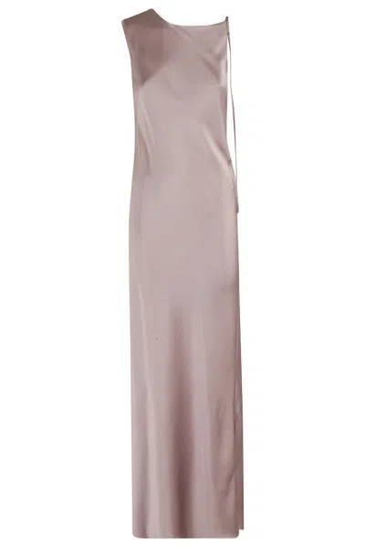 Alysi Liquid Satin Maxi Dress With Asymmetrical Neckline In Cipolla